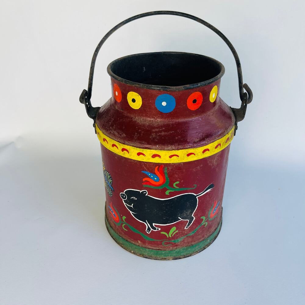 Vintage Milk Can Hand-painted Pig Toleware Folk Art Americana - Signed